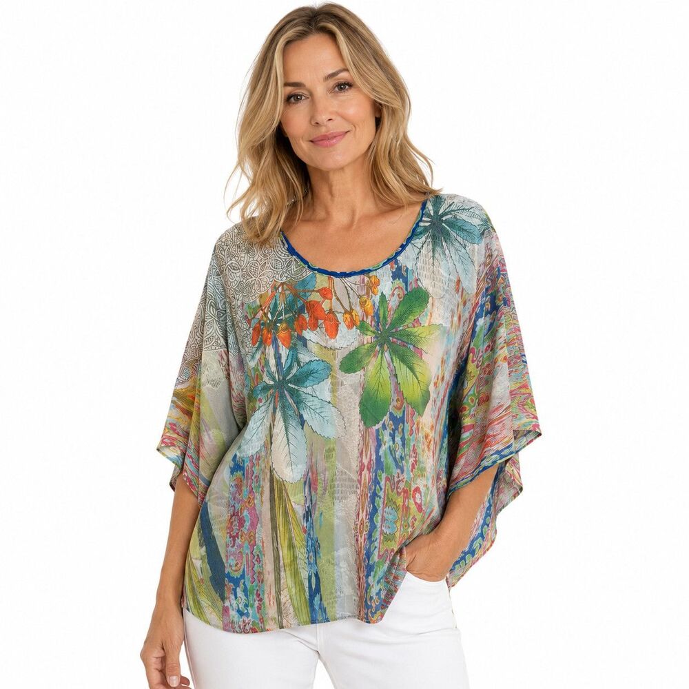 Shana Tunic Blouse Womens Medium Multicolor Sheer Floral Scoop Neck Kimono Top